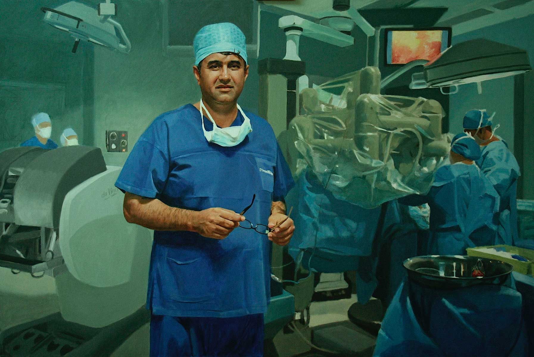 Dr. Raji Kooner and the da Vinci Robot, a 2011 portrait by Australian artist Peter Smeeth, alkyd oil on canvas, 120 x 180 cm